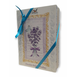 Продуктови Категории Шоколади Masha Красива кутия с белгийски бонбони във формата на книга - Букет лавандула 200 гр.